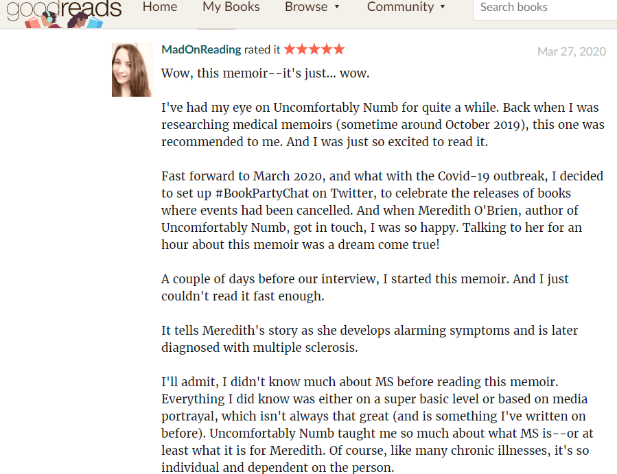 Uncomfortably Numb GoodReadsA